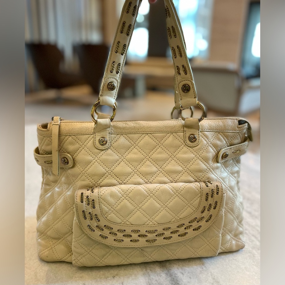 Kate Landry Leather Shoulder/Satchel Cream/Tan Purse Handbag Chain Accents